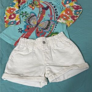 Colorful Butterfly Long Sleeve Shirt size 3-4 y and White Shorts 5T Set